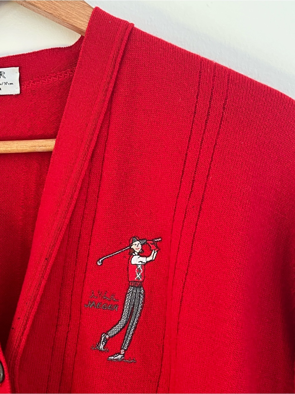 Jaeger Knit 100%  lambswool Cardigan Sweater - Embroidered Golfer Medium PTP 22 - Picture 3 of 7